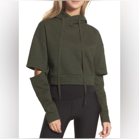 ALO Yoga Tops - ALO Yoga Peak Off-The-Grid Cutout Hoodie Sweatshirt Olive Green Sz Small Cropped